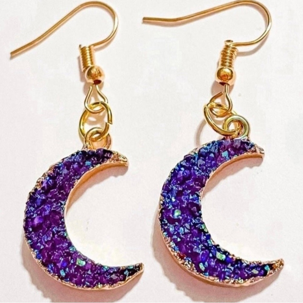 Purple Druzy Moon Dangle Earrings